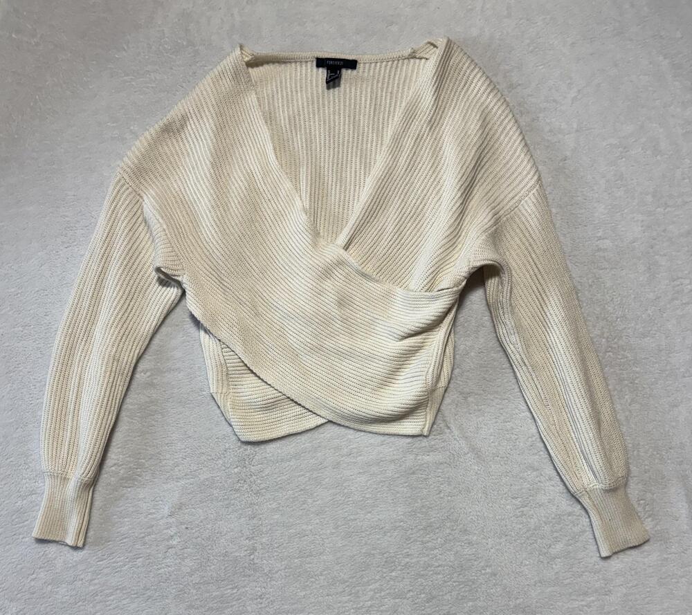 Forever 21 Sweater Womens Medium White Faux Wrap V Neck Cropped Knit